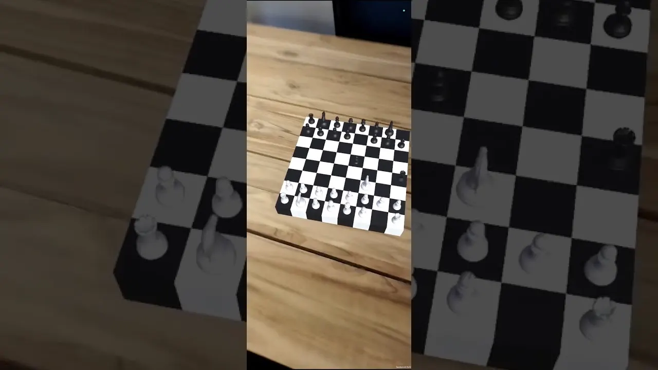 A chessboard rendered in augmented reality on a wooden table.