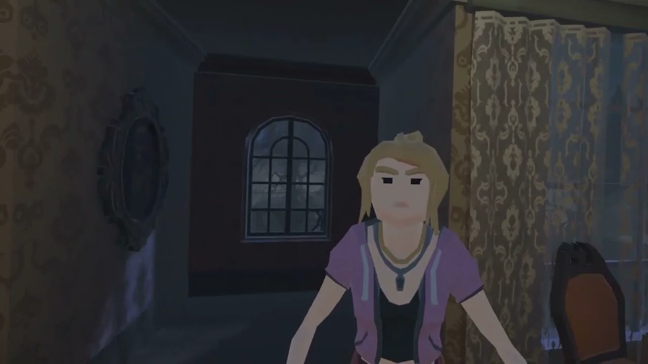 In-game footage from Murder Mystery VR. Facing a suspect inside a dimly lit room of the mansion.