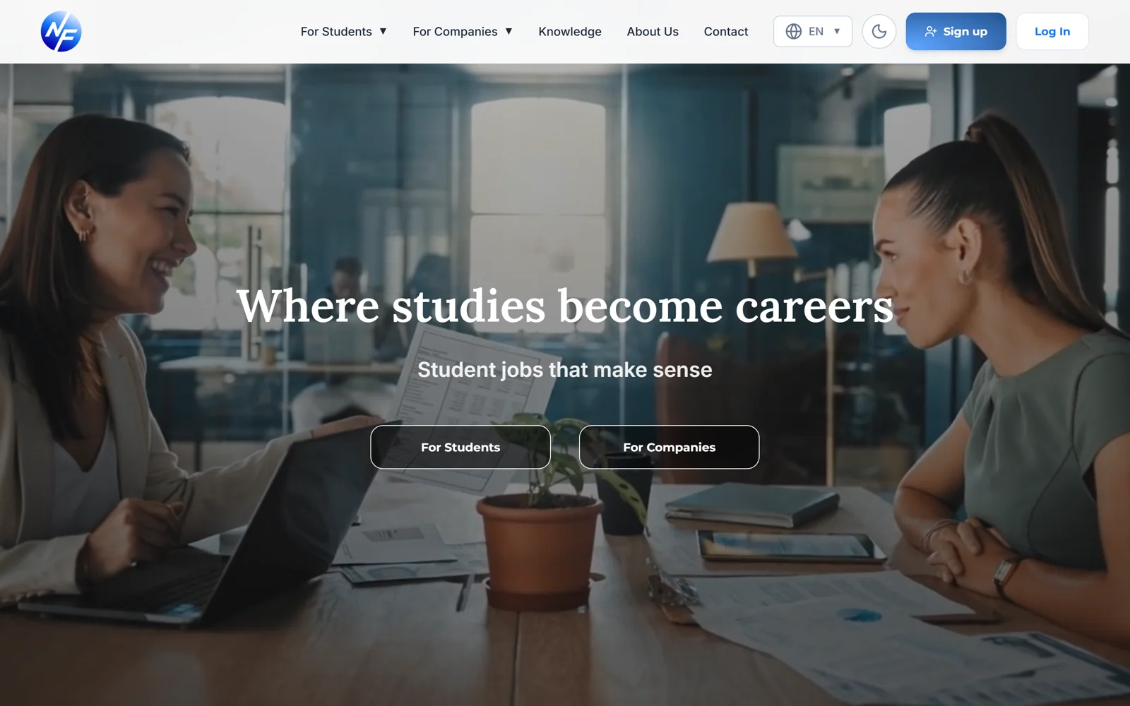 The live NordicFuture site. “Where studies become careers”, with separate entry points for students and for companies.