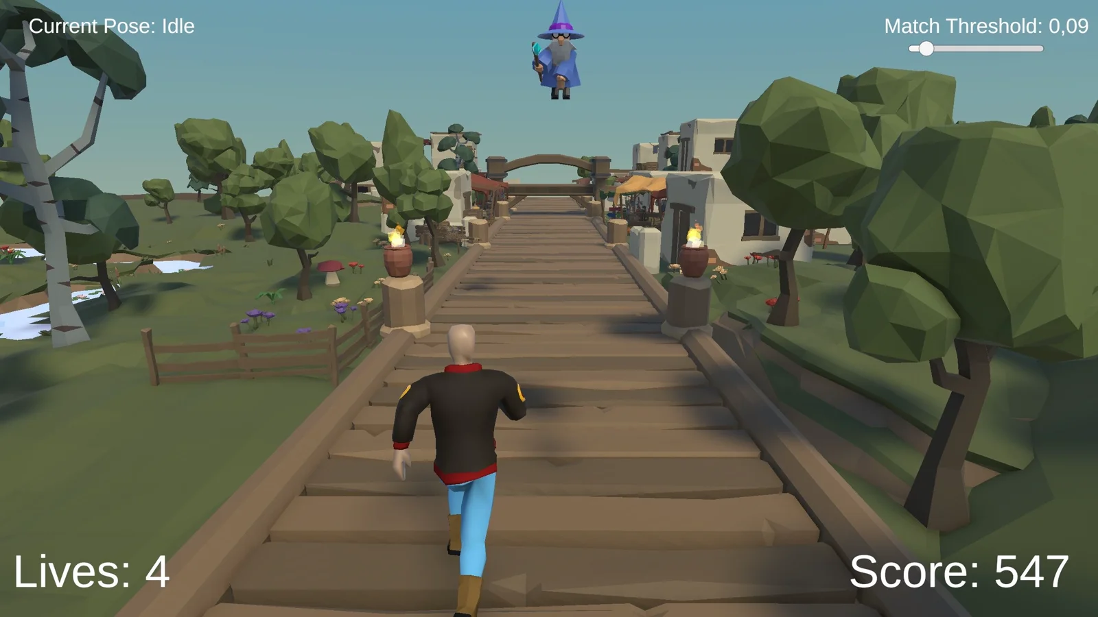 Reprunner gameplay. The runner on a village path, with the live pose state and match threshold shown in the HUD.