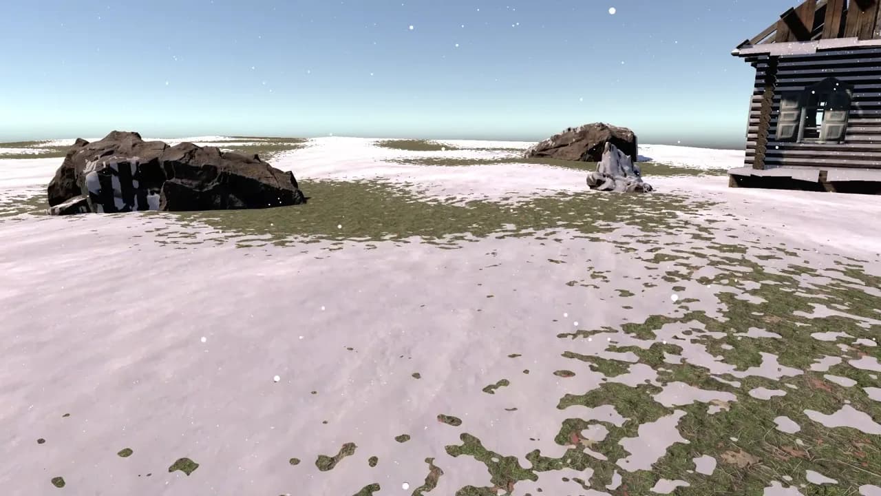 The snow shader mid-accumulation: snow sweeping across a grass field toward a log cabin, one rock already half covered.