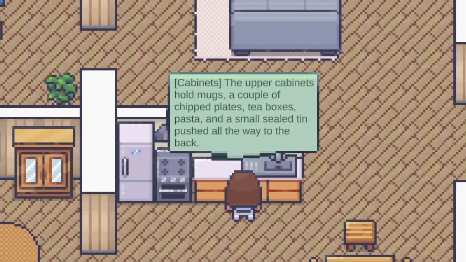 A resident standing at the kitchen counter in the thesis simulation, with an object-state bubble above the units reading: the upper cabinets hold mugs, a couple of chipped plates, tea boxes, pasta, and a small sealed tin pushed all the way to the back.